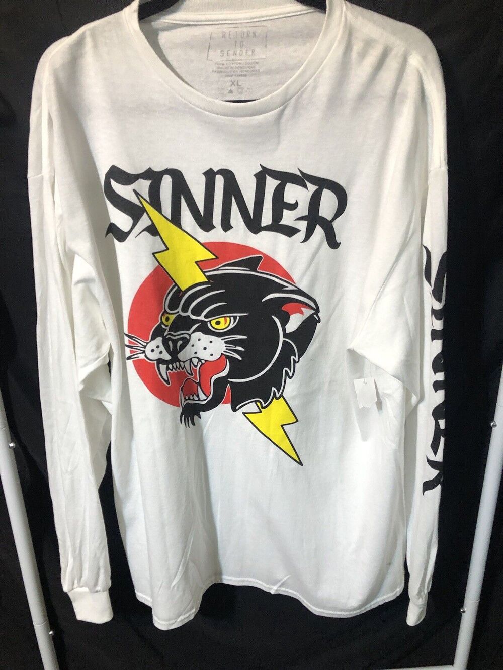 Men's "Return To Sender" (SINNER)Long Sleeve Black Cat Design Shirt~Size: XL